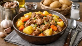 Фото рецепта: Жаркое из тушенки из свинины с картофелем морковью и луком