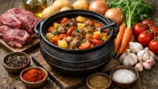 Фото рецепта: Потджикос рагу из мяса и овощей в чугунном котелке по рецепту ЮАР