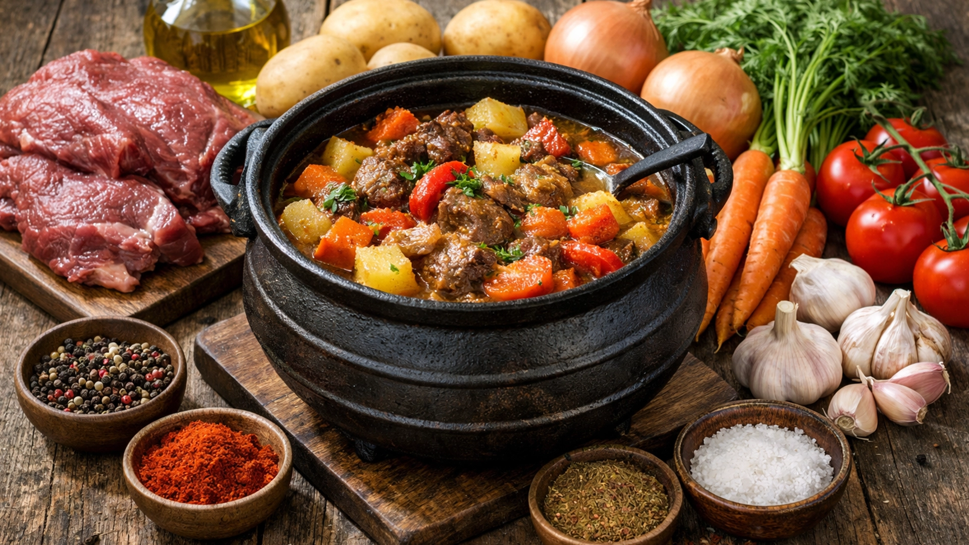 Фото блюда: Потджикос рагу из мяса и овощей в чугунном котелке по рецепту ЮАР