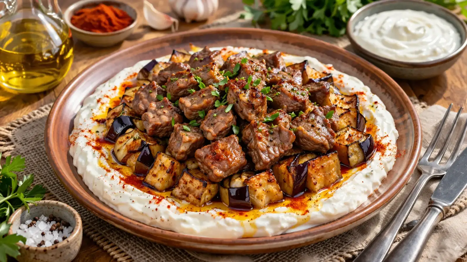 Фото блюда: Али назик кебаб из говядины с баклажанами нежный с йогуртовой основой, рецепт с фото