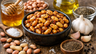 Фото рецепта: Арахис жареный с медом, чесноком и перцем с пикантной глазурью