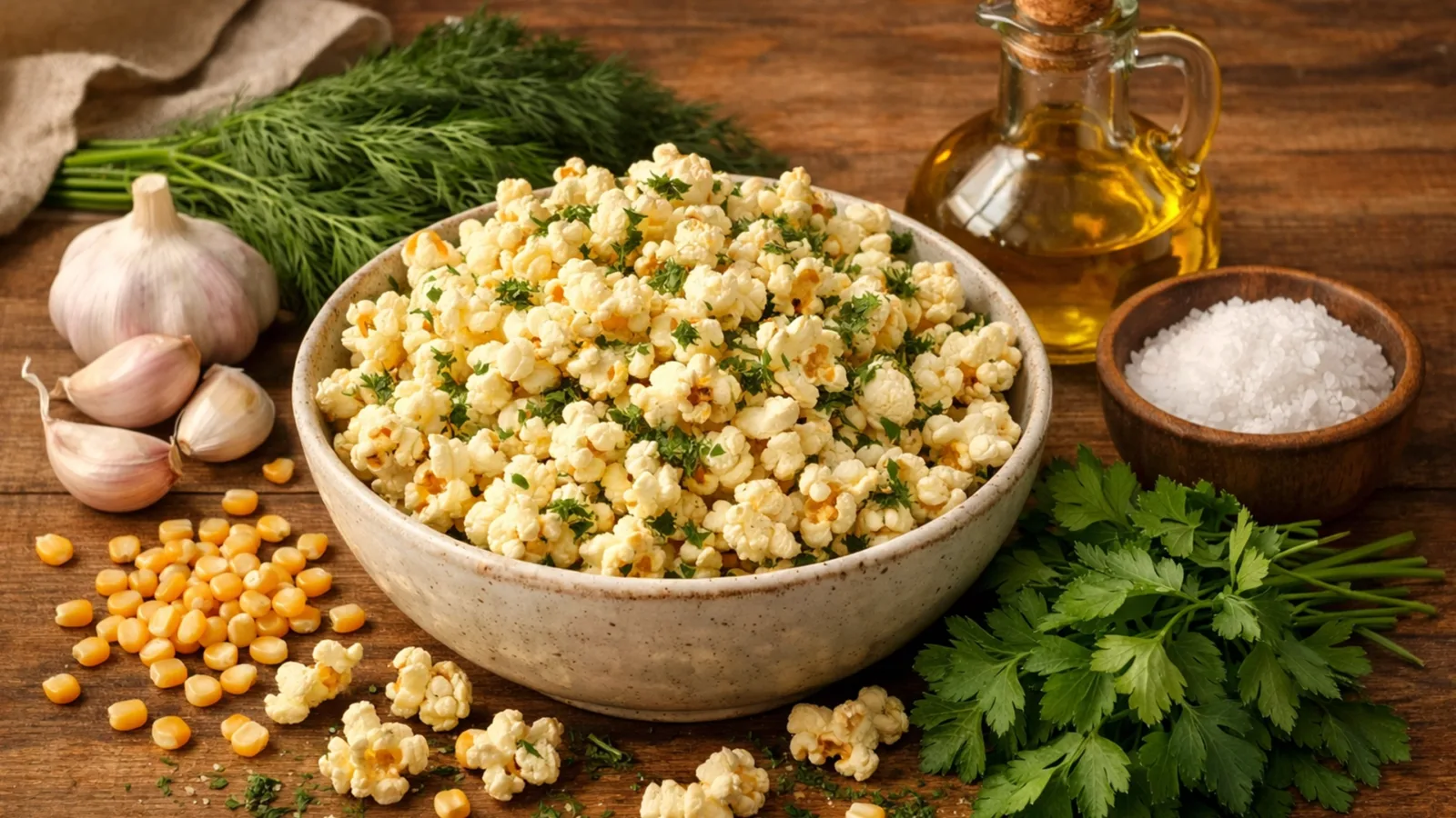 Фото блюда: Ароматный попкорн с чесноком и зеленью, рецепт с фото