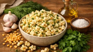 Фото рецепта: Ароматный попкорн с чесноком и зеленью