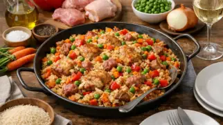 Фото рецепта: Арроз а ла валенсиана рис с мясом и овощами по никарагуанскому рецепту