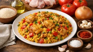 Фото рецепта: Арроз кон польо с куриным бедром и томатами на сковороде