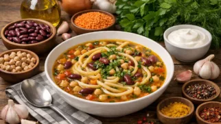 Фото рецепта: Сытный аш реште с фасолью и зеленью