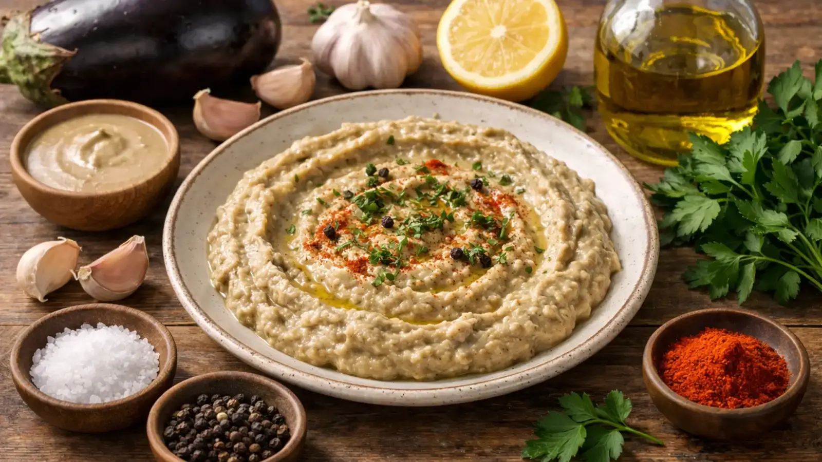 Фото блюда: Баба гануш паста из запеченных баклажанов с нежной кремовой текстурой, рецепт с фото