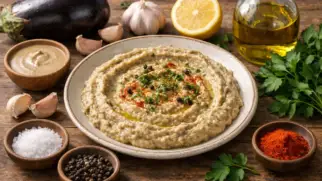 Фото рецепта: Баба гануш паста из запеченных баклажанов с нежной кремовой текстурой