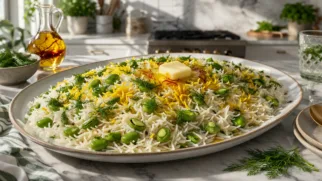 Фото рецепта: Ароматный багали поло с укропом и зелеными бобами