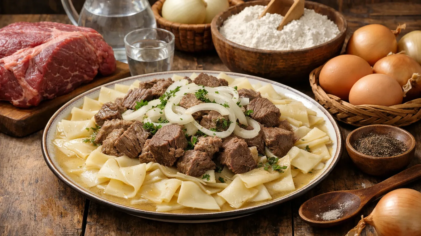 Фото блюда: Бешбармак с говядиной и домашней лапшой по киргизскому рецепту, рецепт с фото