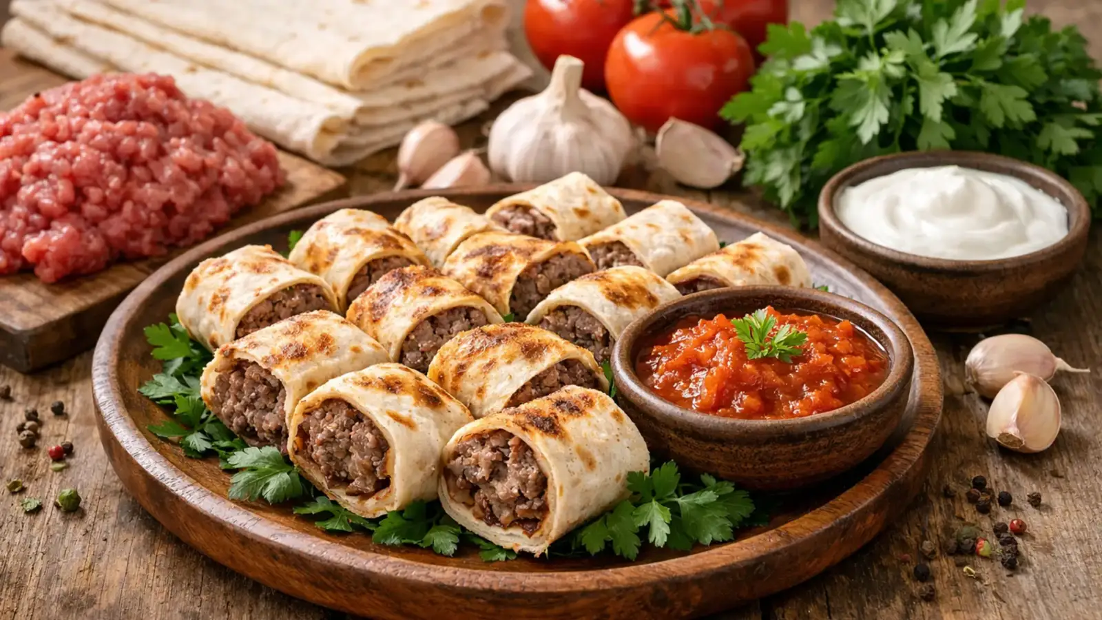 Фото блюда: Бейти кебаб из говядины в лаваше с томатным соусом сочный вариант, рецепт с фото