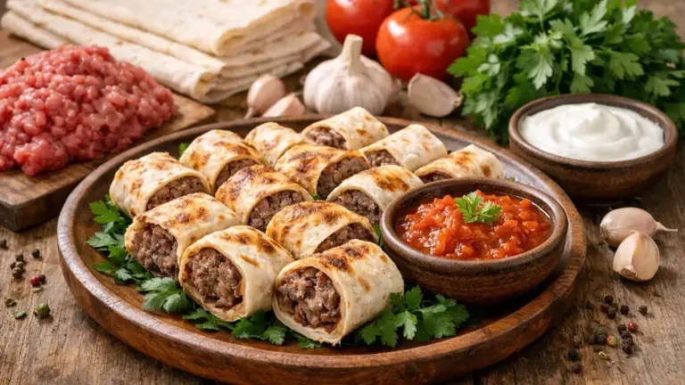 Фото блюда: Бейти кебаб из говядины в лаваше с томатным соусом сочный вариант