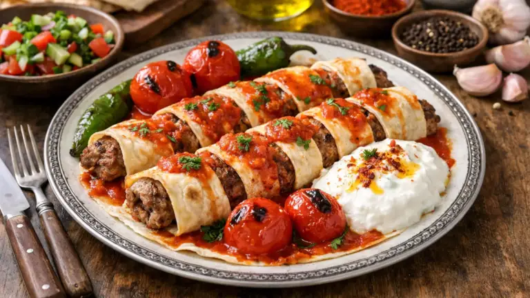 Фото блюда: Бейти кебаб с бараниной и томатами сочный в лаваше