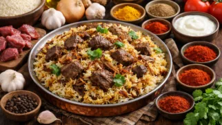 Фото рецепта: Бирьяни с говядиной и пряным рисом по пакистанскому рецепту