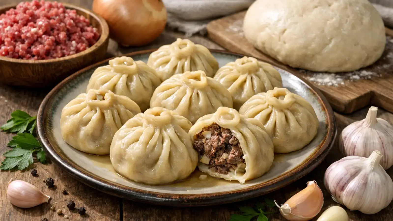 Фото блюда: Буззы бурятские с сочной говядиной и чесноком на пару, рецепт с фото