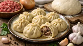 Фото рецепта: Буззы бурятские с сочной говядиной и чесноком на пару
