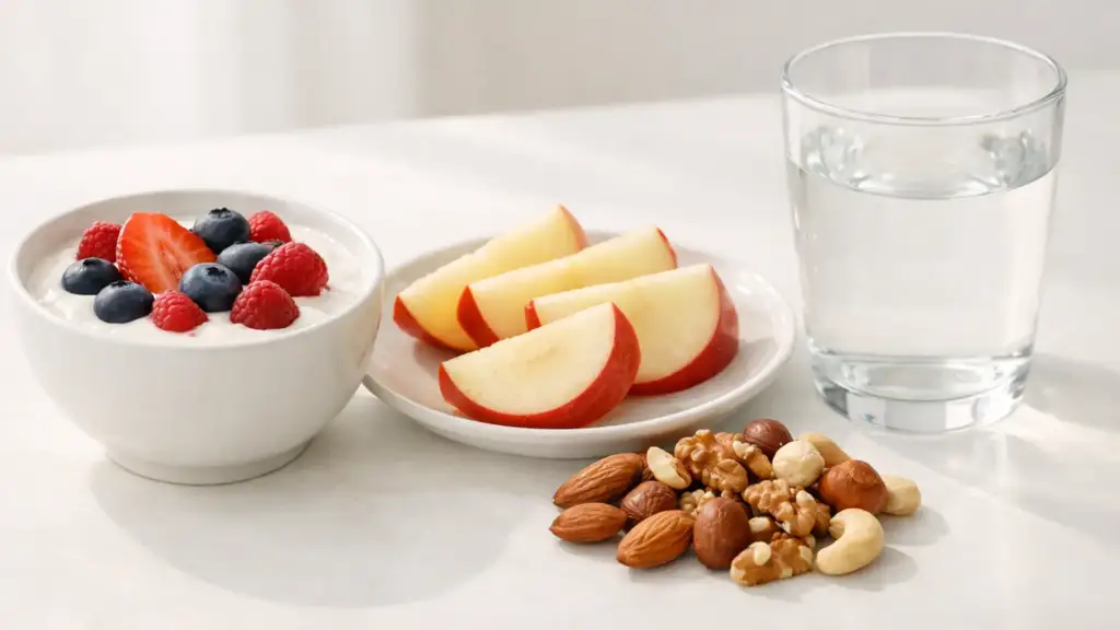 Пример лёгкого и полезного перекуса с йогуртом, фруктами и орехами