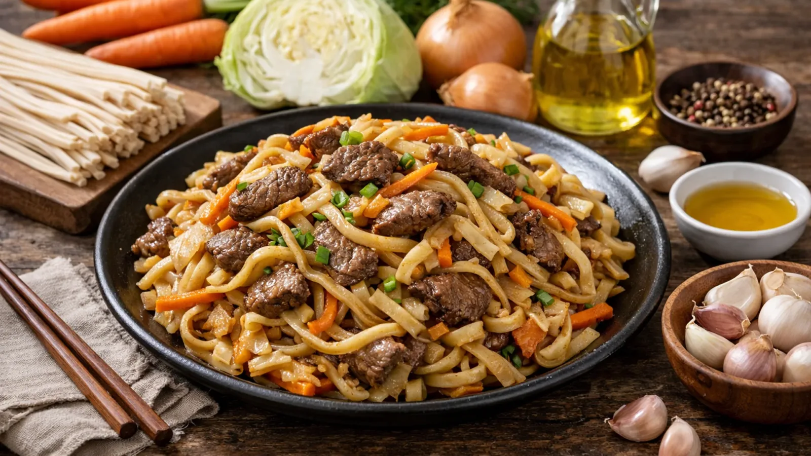 Фото блюда: Цуйван жареная лапша с говядиной и овощами на сковороде, рецепт с фото