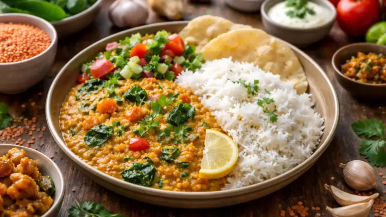 Фото блюда: Дал бат рис с чечевицей и овощами традиционный непальский