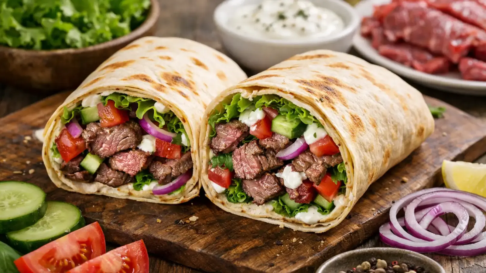 Фото блюда: Донер кебаб с говядиной и свежими овощами в лаваше, рецепт с фото