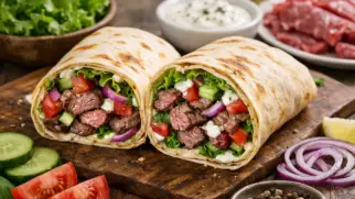 Фото рецепта: Донер кебаб с говядиной и свежими овощами в лаваше