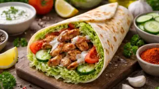 Фото рецепта: Донер кебаб с курицей и салатом айсберг сочный в лаваше