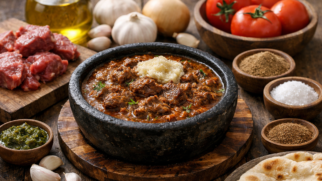 Фото рецепта: Фахса тушеная говядина с чесноком и специями в насыщенном соусе