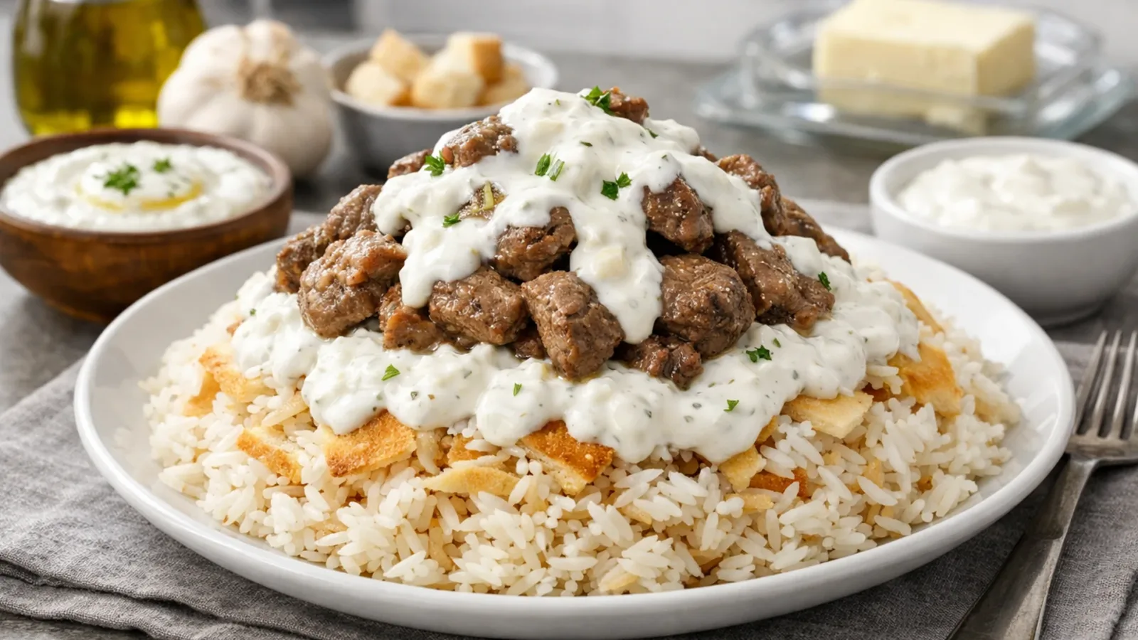 Фото блюда: Фатта рис с мясом и чесночным соусом, рецепт с фото