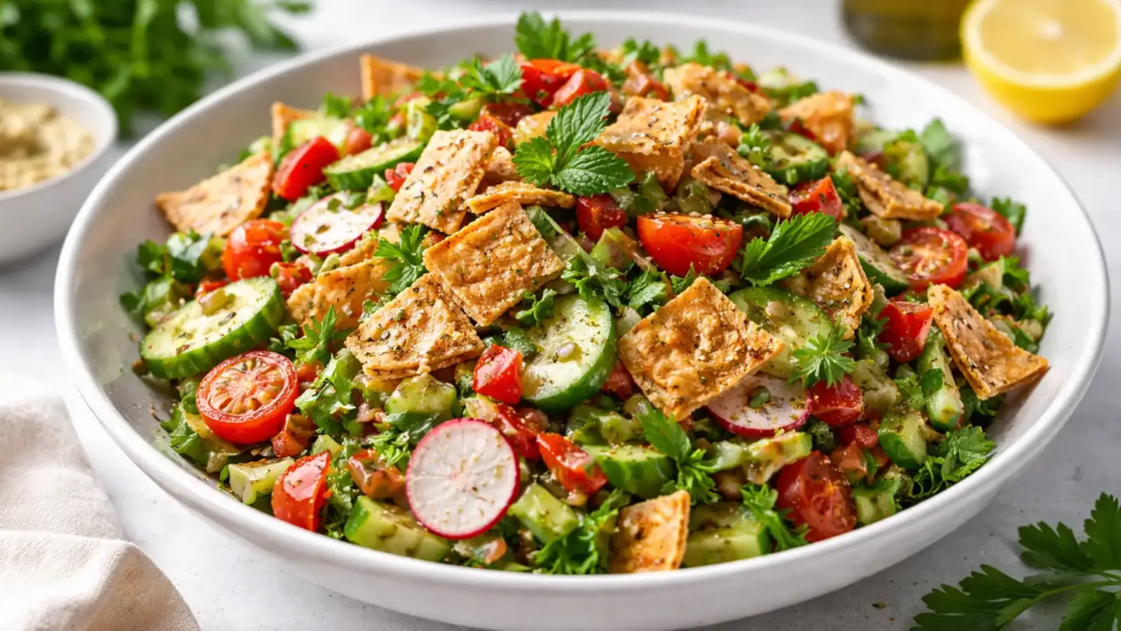 Фото блюда: Фаттуш салат с овощами и лепешками, рецепт с фото