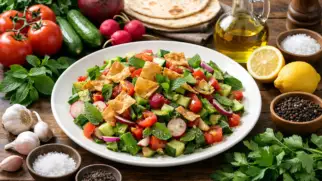 Фото рецепта: Фаттуш салат с овощами и лепешками с освежающим вкусом