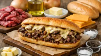 Фото рецепта: Филли чизстейк с говядиной и карамелизированным луком с сыром