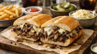 Фото рецепта: Филли чизстейк с говядиной, луком и сыром: сочный американский сэндвич