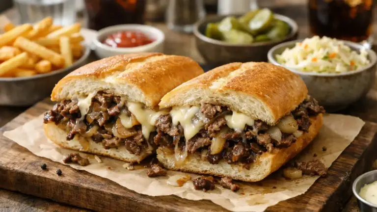 Фото блюда: Филли чизстейк с говядиной, луком и сыром: сочный американский сэндвич