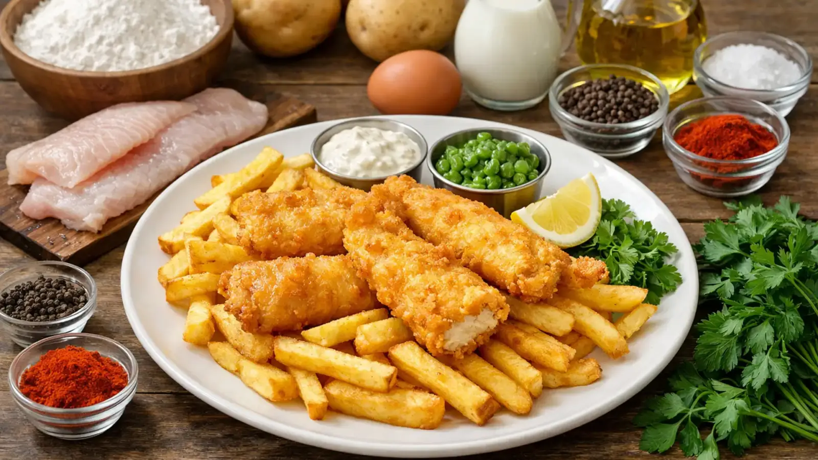 Фото блюда: Фиш энд чипс из хека с картофелем фри и хрустящей корочкой, рецепт с фото