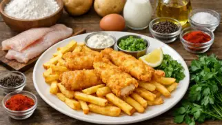 Фото рецепта: Фиш энд чипс из хека с картофелем фри и хрустящей корочкой