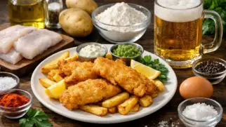 Фото рецепта: Фиш энд чипс из хека в пивном кляре с воздушной корочкой