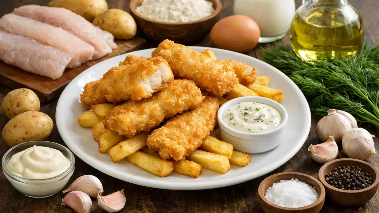 Фото блюда: Фиш энд чипс из минтая с чесночным соусом и хрустящей корочкой, рецепт с фото