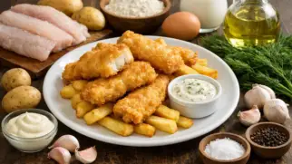 Фото рецепта: Фиш энд чипс из минтая с чесночным соусом и хрустящей корочкой