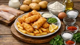 Фото рецепта: Фиш энд чипс из минтая в хрустящем кляре с золотистой корочкой