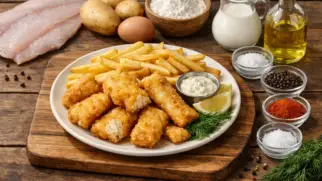 Фото рецепта: Фиш энд чипс из судака с картофелем фри и хрустящей корочкой