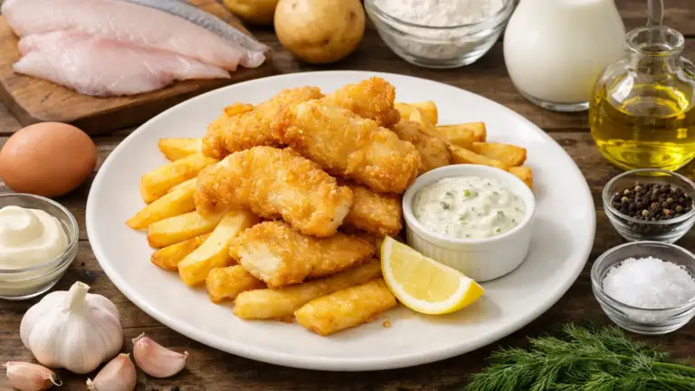 Фото блюда: Фиш энд чипс из судака с чесночным соусом и хрустящей корочкой