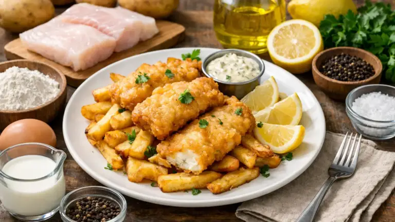 Фото блюда: Фиш энд чипс из трески с лимоном и хрустящей корочкой
