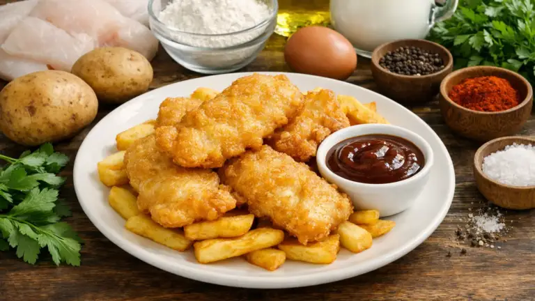 Фото блюда: Фиш энд чипс из трески с соусом барбекю и хрустящей корочкой