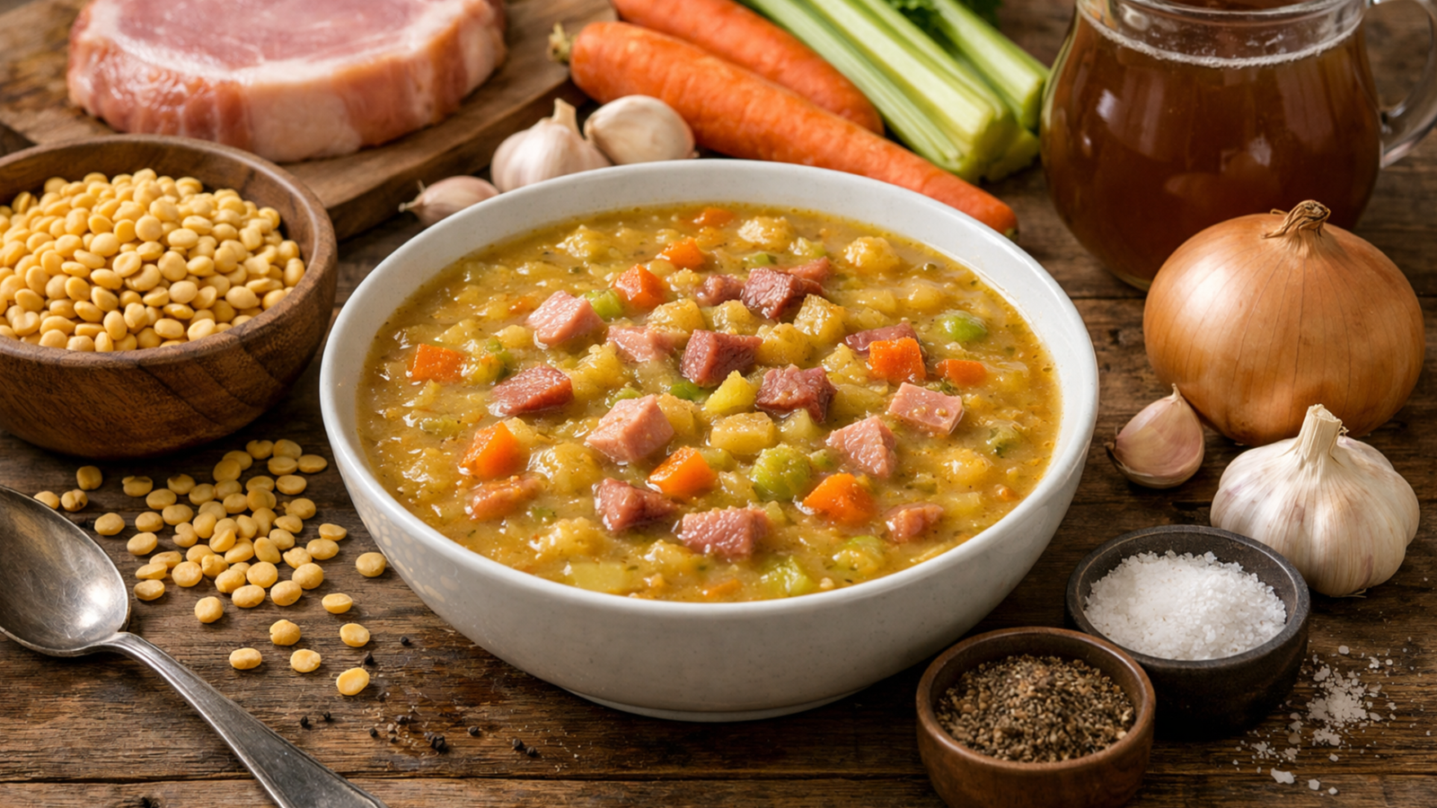Фото блюда: Канадский гороховый суп с ветчиной густой и ароматный, рецепт с фото