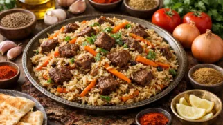 Фото рецепта: Пакистанский плов с говядиной и морковью в ароматных специях