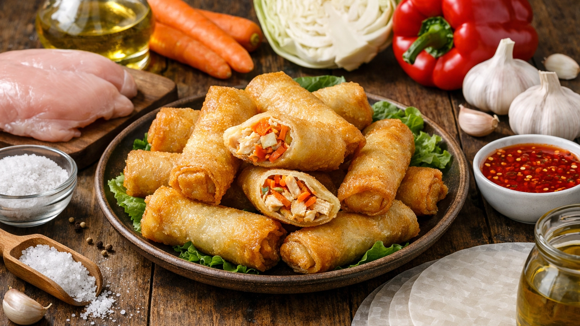 Фото блюда: Спринг роллы с курицей овощами и соусом чили хрустящие