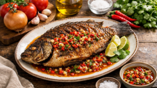 Фото рецепта: Жареная тилапия с острым томатным соусом по камерунскому рецепту