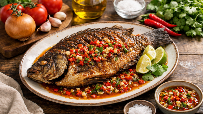 Фото блюда: Жареная тилапия с острым томатным соусом по камерунскому рецепту