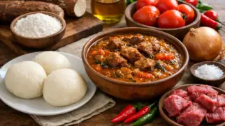 Фото рецепта: Фуфу из маниоки с густым супом по нигерийскому рецепту