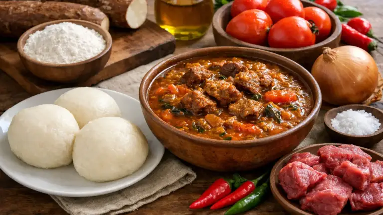 Фото блюда: Фуфу из маниоки с густым супом по нигерийскому рецепту